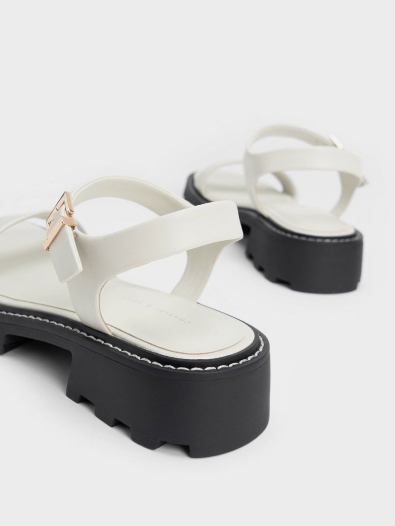 Charles & Keith Stitch-Trim Buckled Plateausandalen Weiß | 127MNSIHQ