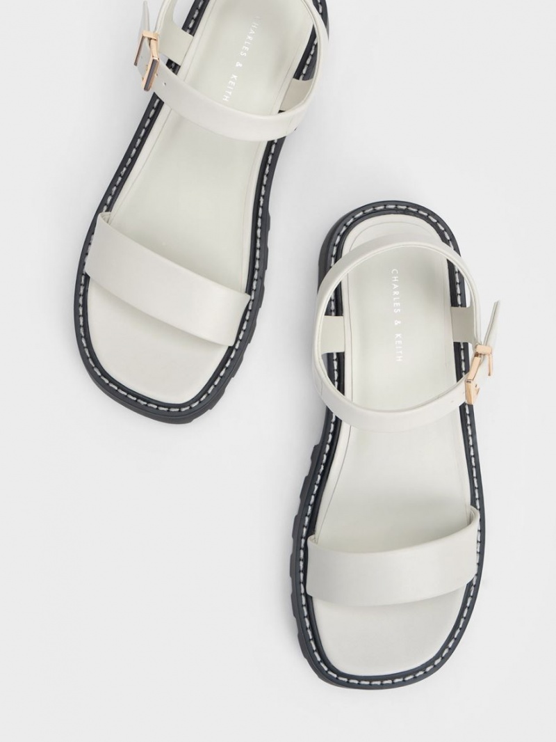 Charles & Keith Stitch-Trim Buckled Plateausandalen Weiß | 127MNSIHQ