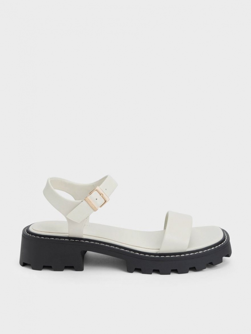 Charles & Keith Stitch-Trim Buckled Plateausandalen Weiß | 127MNSIHQ