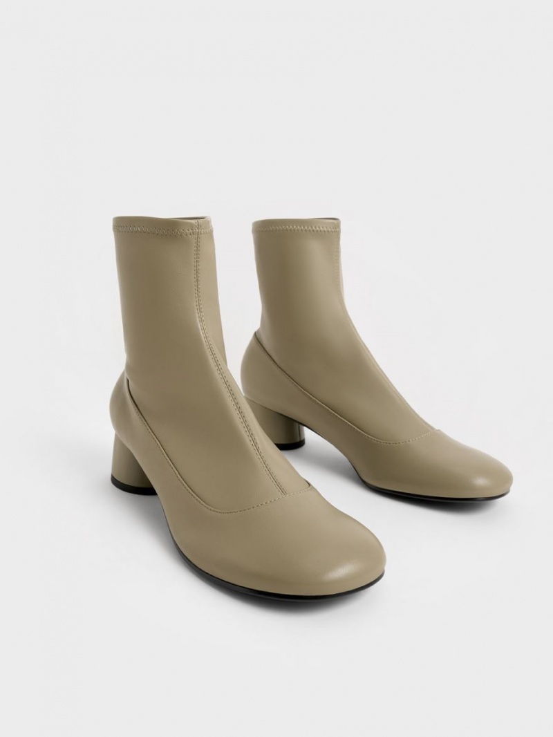 Charles & Keith Stitch-Trim Cylindrical Heel Stiefeletten Olivgrün | 761NCOSLQ