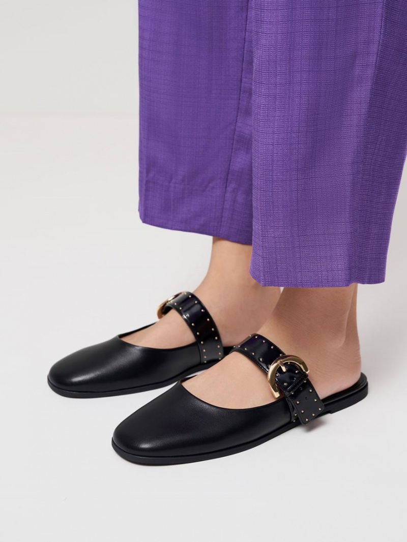 Charles & Keith Studded Buckled Flache Mules Schwarz | 953IFXQTZ