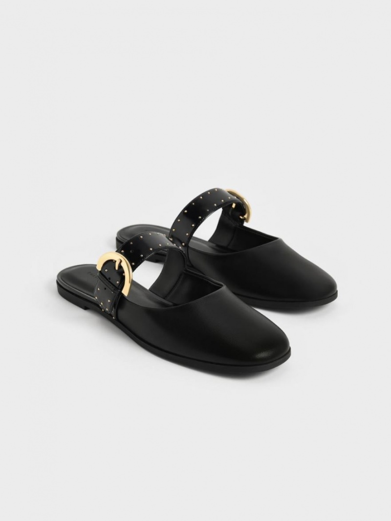 Charles & Keith Studded Buckled Flache Mules Schwarz | 953IFXQTZ