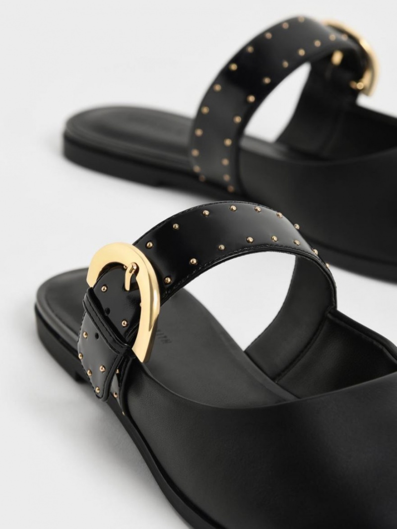 Charles & Keith Studded Buckled Flache Mules Schwarz | 953IFXQTZ