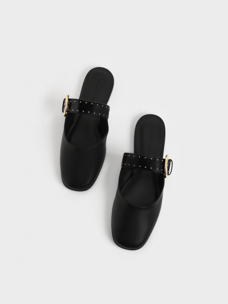 Charles & Keith Studded Buckled Flache Mules Schwarz | 953IFXQTZ