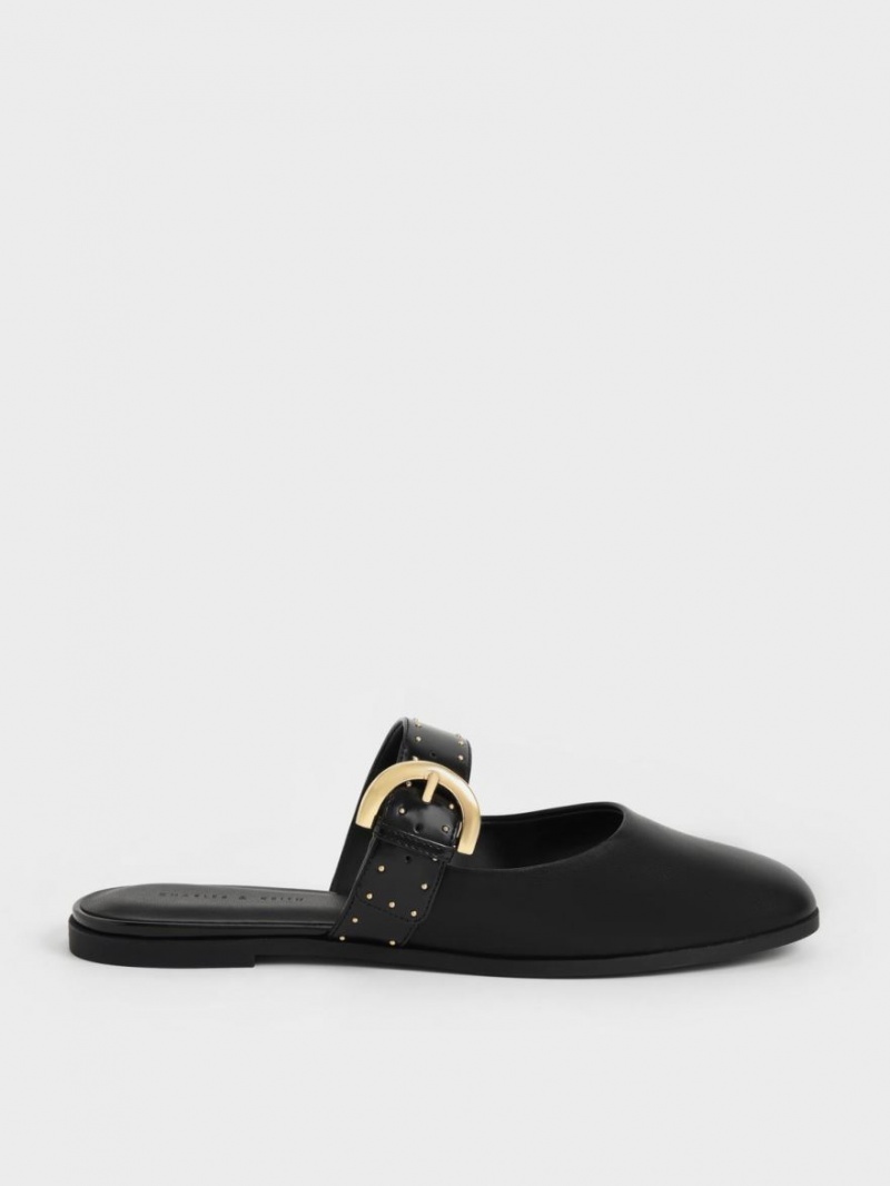 Charles & Keith Studded Buckled Flache Mules Schwarz | 953IFXQTZ