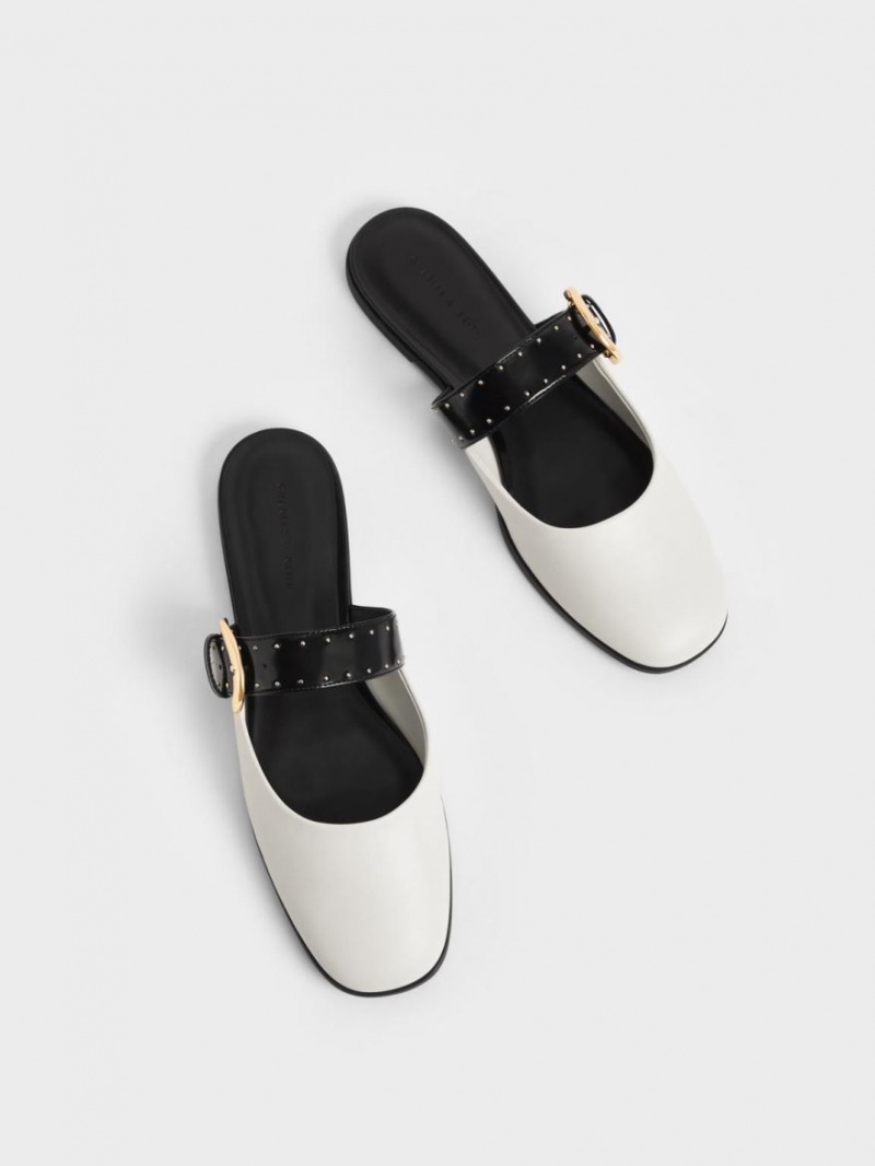 Charles & Keith Studded Buckled Flache Mules Weiß | 198CHZAKO