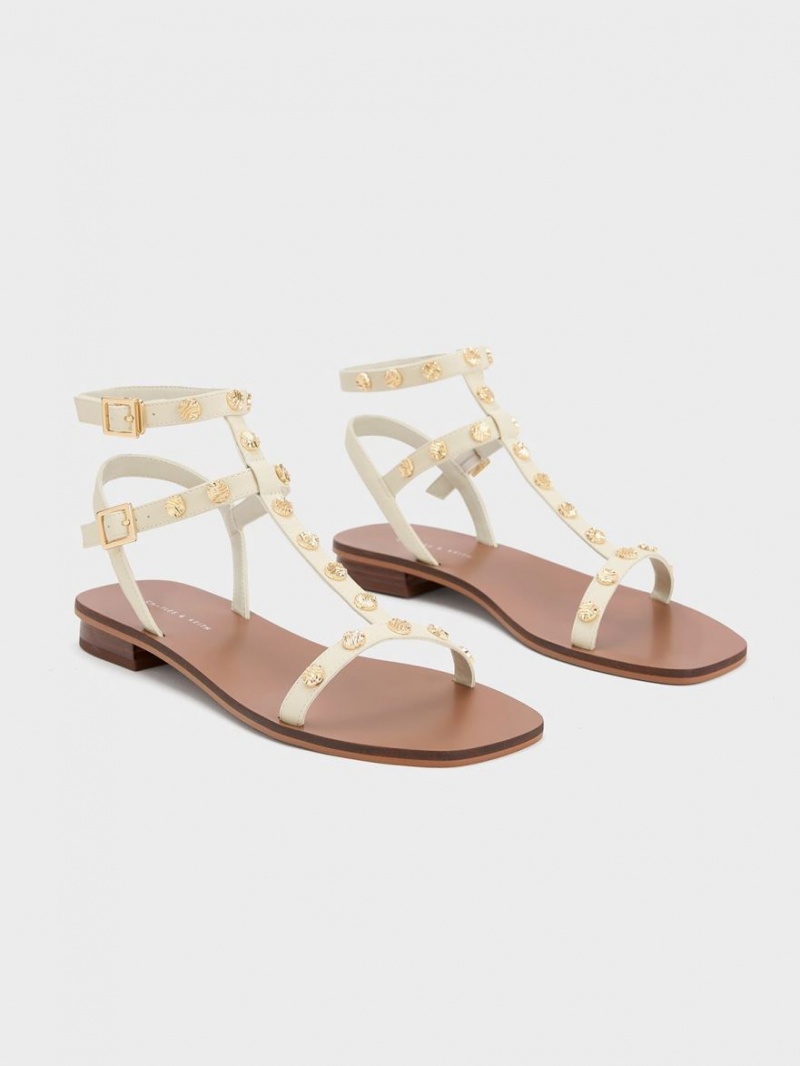 Charles & Keith Studded Gladiator Sandalen Flach Weiß | 256PKSDVB