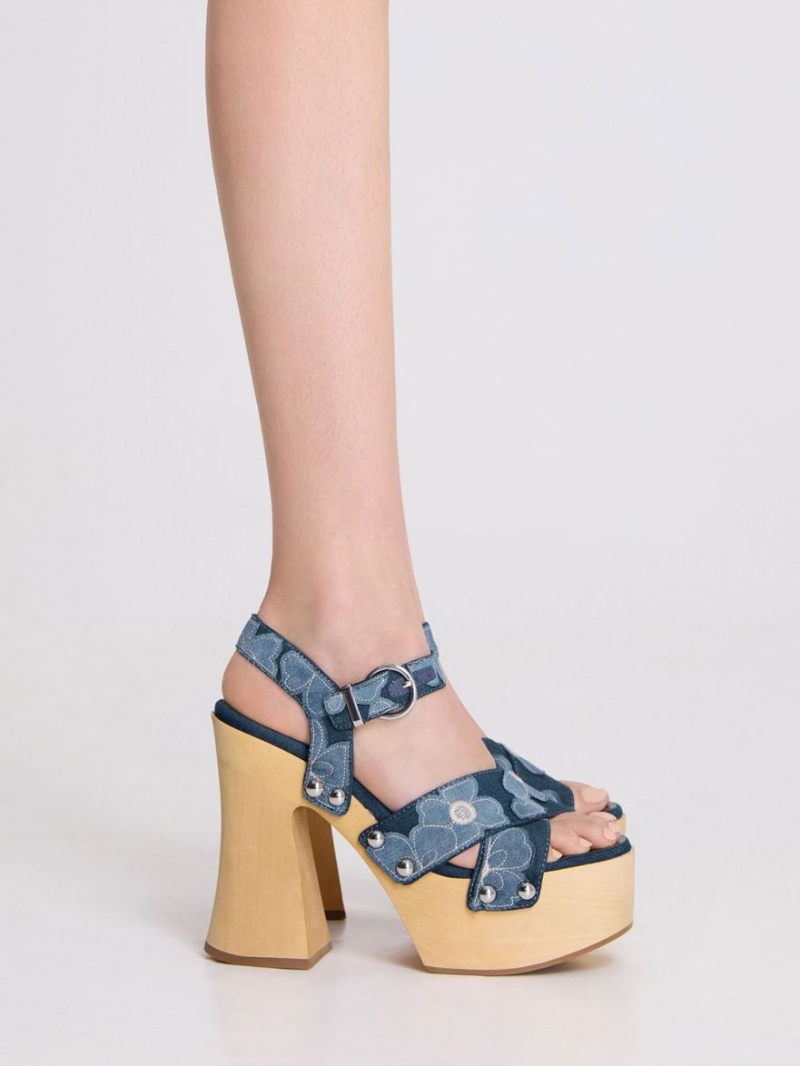 Charles & Keith Tabitha Floral Denim Crossover Plateausandalen Blau | 261ZAEXIJ