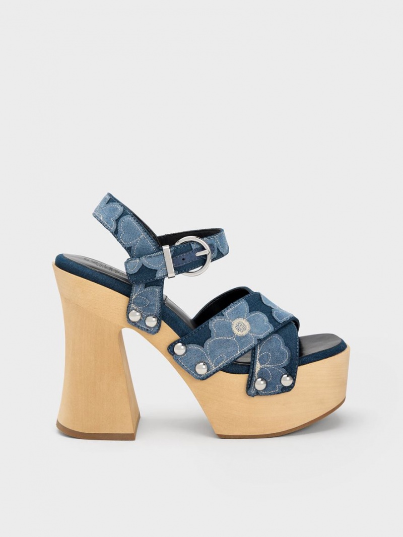 Charles & Keith Tabitha Floral Denim Crossover Plateausandalen Blau | 261ZAEXIJ