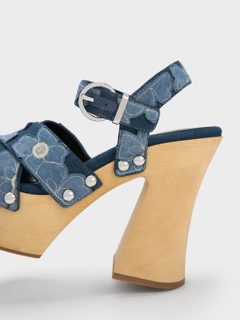 Charles & Keith Tabitha Floral Denim Crossover Plateausandalen Blau | 261ZAEXIJ