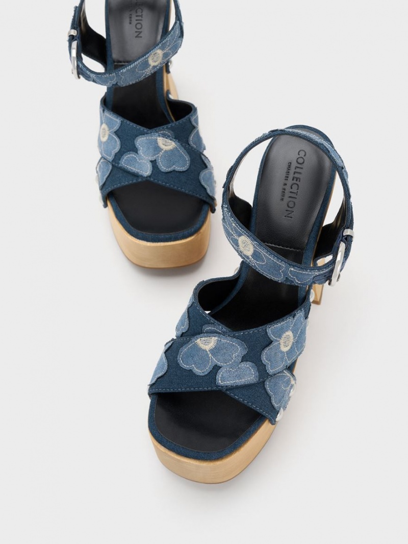 Charles & Keith Tabitha Floral Denim Crossover Plateausandalen Blau | 261ZAEXIJ