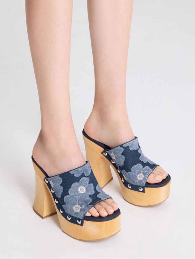 Charles & Keith Tabitha Floral Denim Plattform Clogs Blau | 697FKLPMS