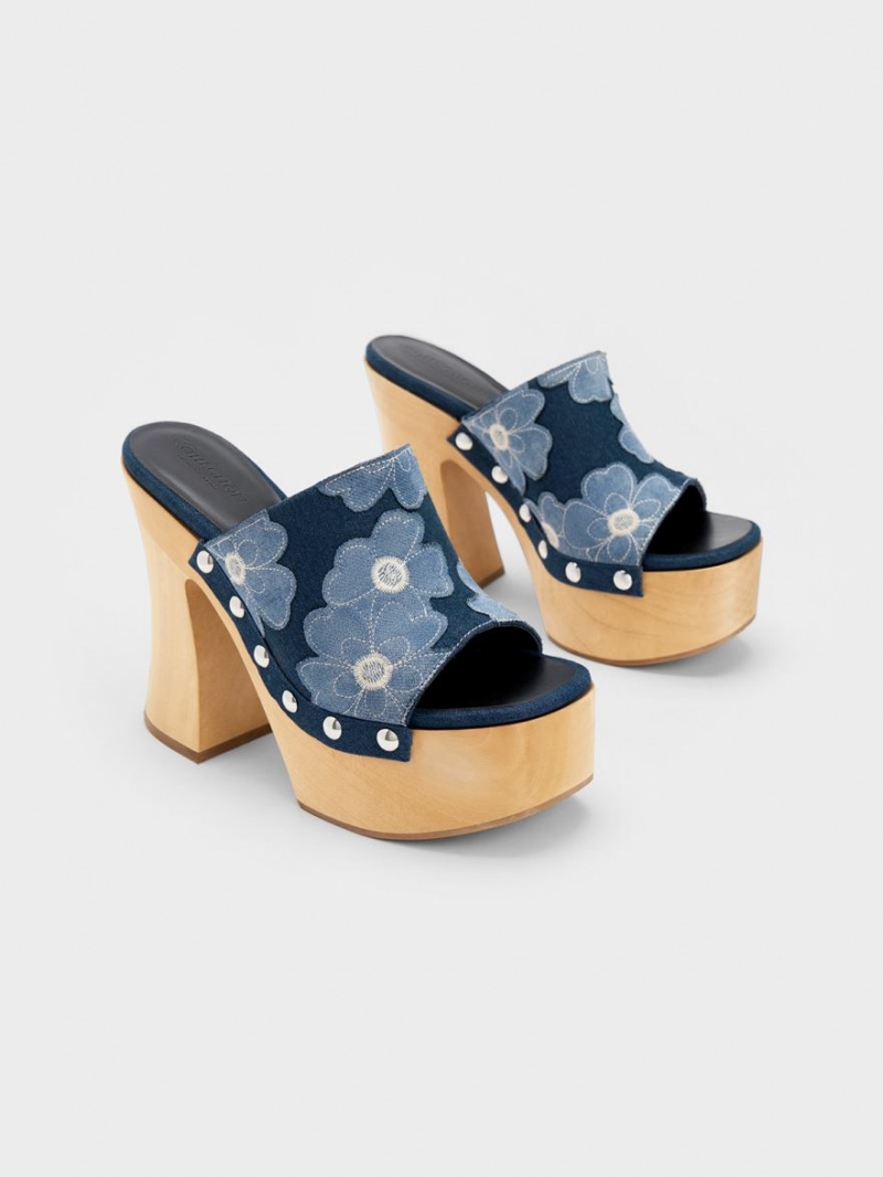 Charles & Keith Tabitha Floral Denim Plattform Clogs Blau | 697FKLPMS