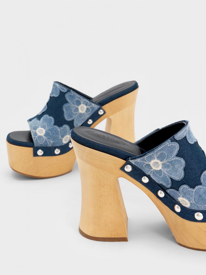 Charles & Keith Tabitha Floral Denim Plattform Clogs Blau | 697FKLPMS