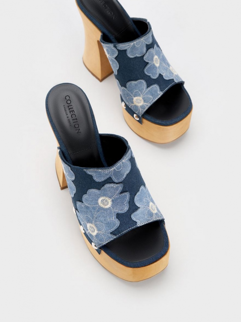 Charles & Keith Tabitha Floral Denim Plattform Clogs Blau | 697FKLPMS