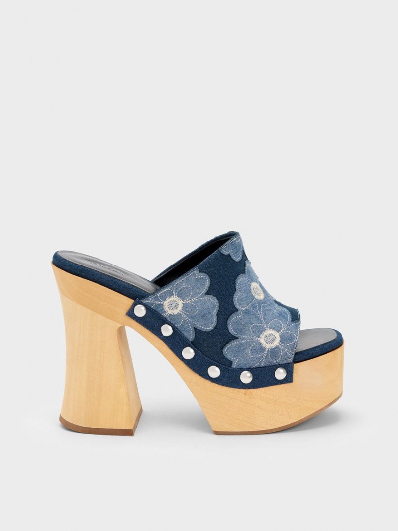 Charles & Keith Tabitha Floral Denim Plattform Clogs Blau | 697FKLPMS