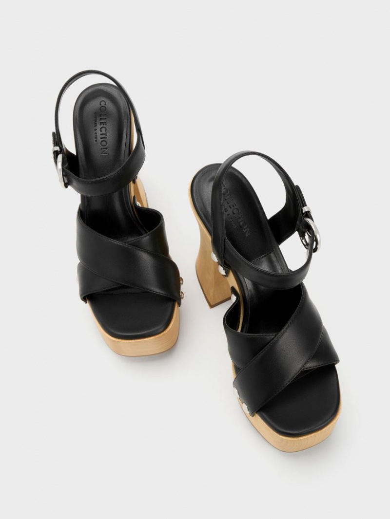 Charles & Keith Tabitha Leder Crossover Plateausandalen Schwarz | 185CAVRJD