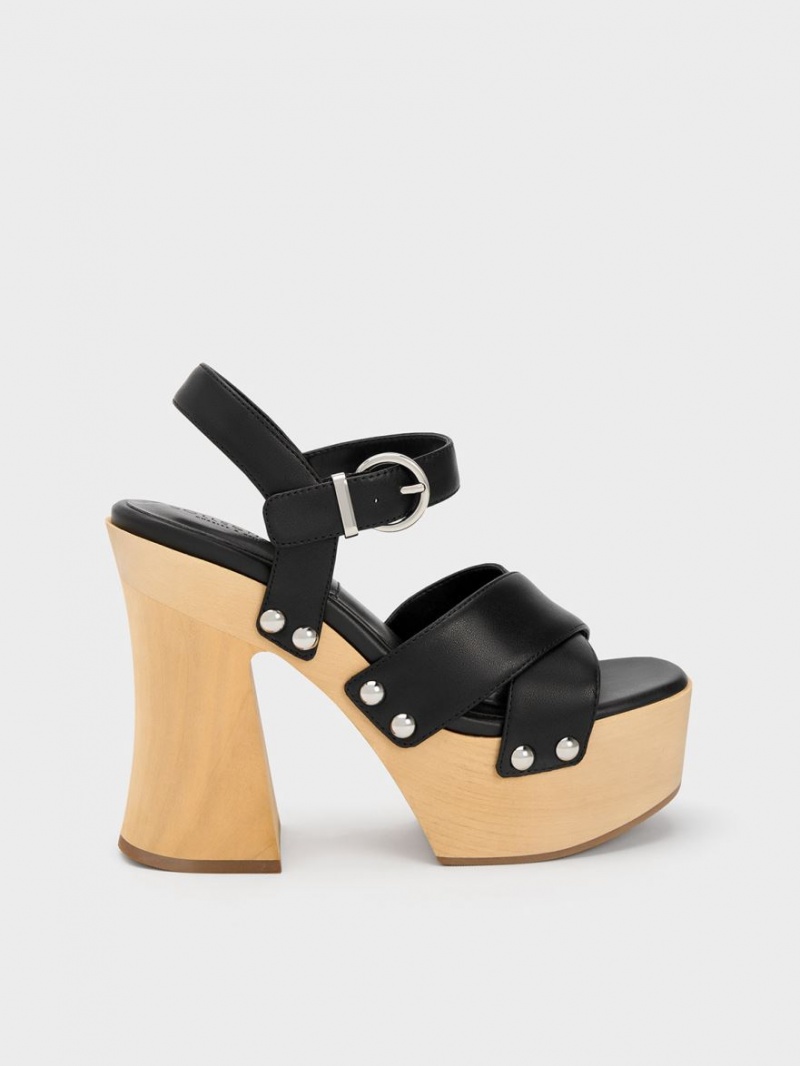 Charles & Keith Tabitha Leder Crossover Plateausandalen Schwarz | 185CAVRJD