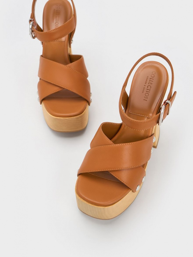 Charles & Keith Tabitha Leder Crossover Plateausandalen Braun | 293WUCZMK