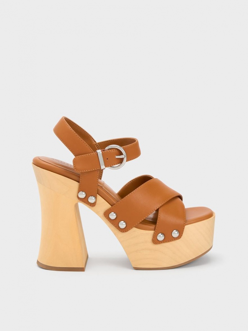 Charles & Keith Tabitha Leder Crossover Plateausandalen Braun | 293WUCZMK