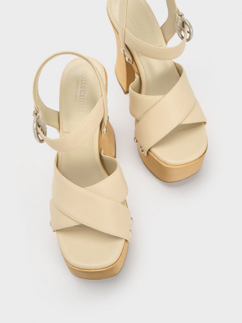 Charles & Keith Tabitha Leder Crossover Plateausandalen Weiß | 740UBZNJQ