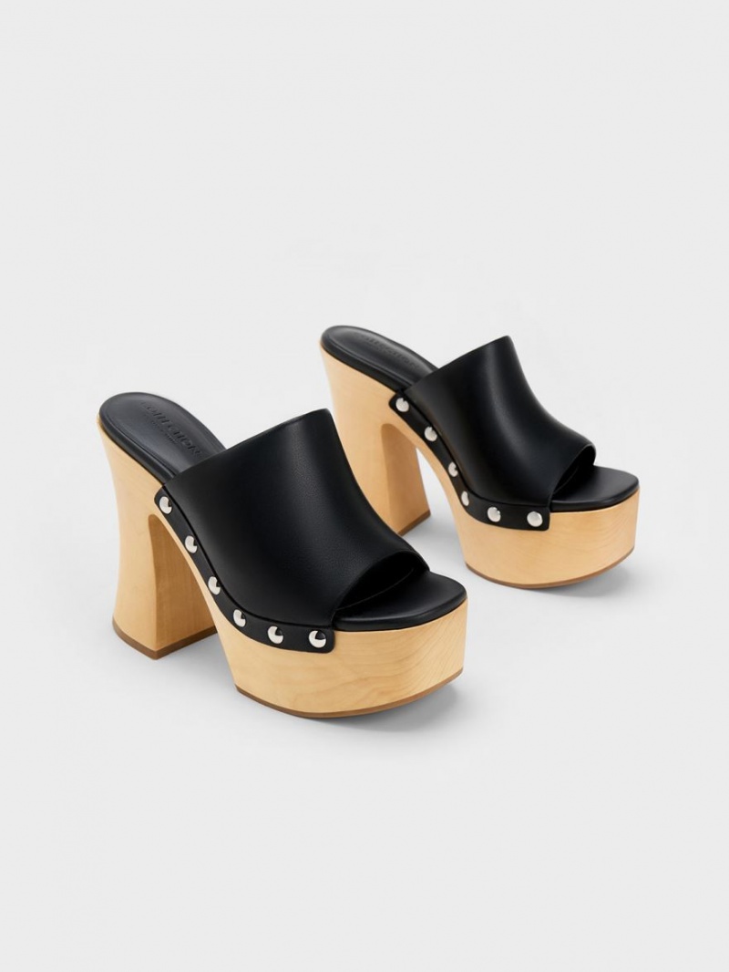 Charles & Keith Tabitha Leder Plattform Clogs Schwarz | 369XJVFOL