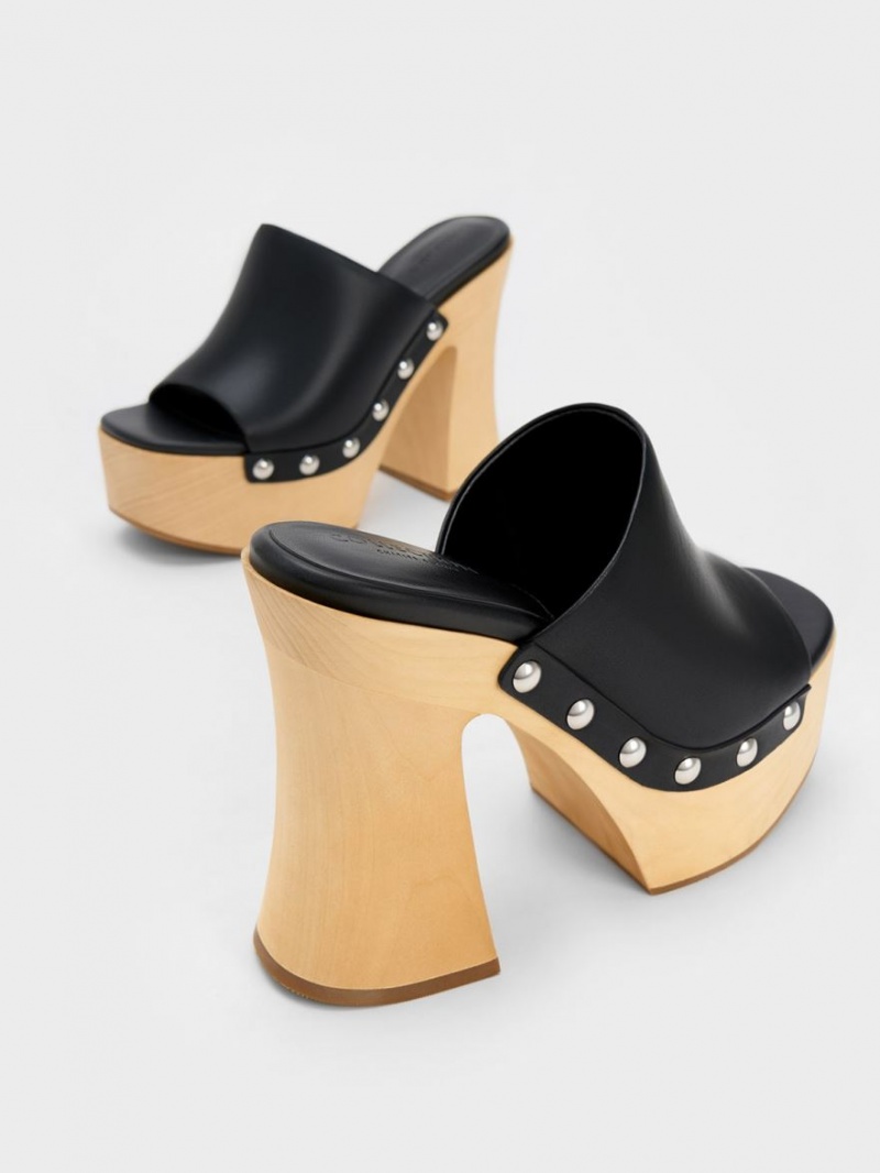 Charles & Keith Tabitha Leder Plattform Clogs Schwarz | 369XJVFOL