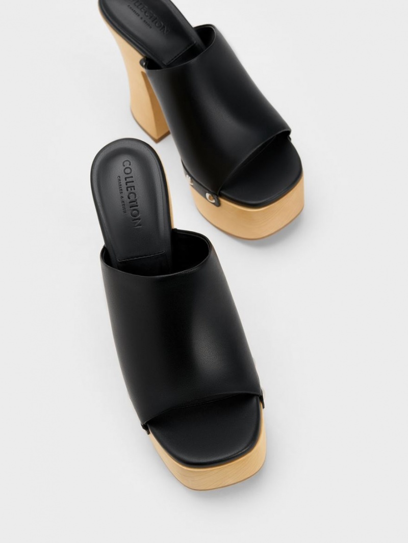 Charles & Keith Tabitha Leder Plattform Clogs Schwarz | 369XJVFOL