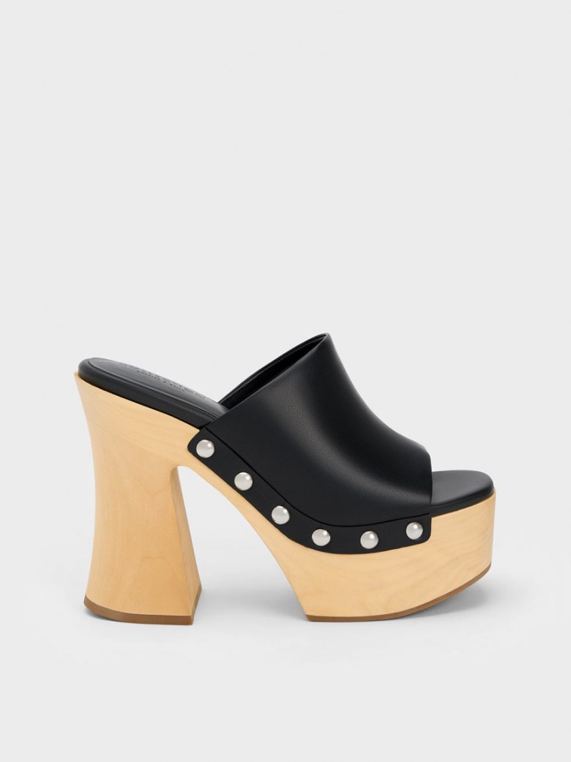 Charles & Keith Tabitha Leder Plattform Clogs Schwarz | 369XJVFOL