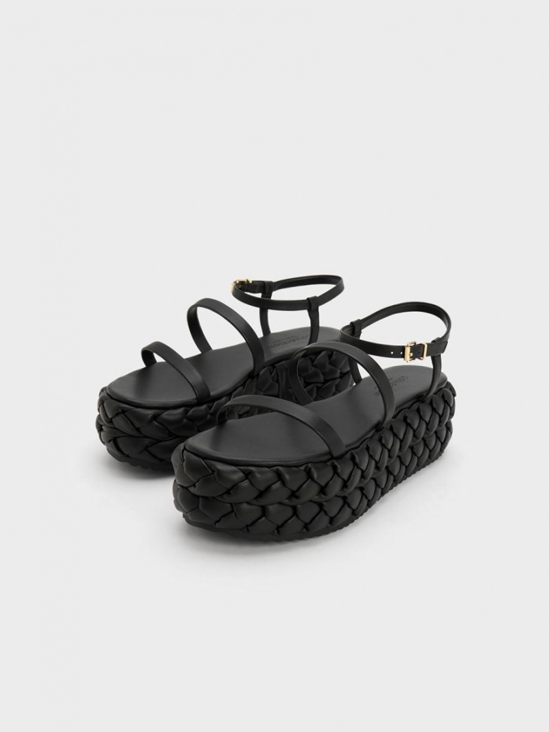 Charles & Keith Tali Leder Braided Plateausandalen Schwarz | 015XZUEFY