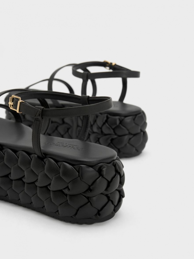 Charles & Keith Tali Leder Braided Plateausandalen Schwarz | 015XZUEFY