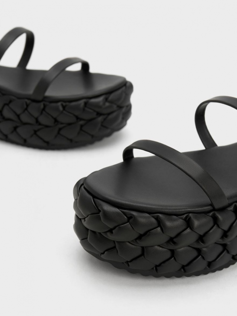 Charles & Keith Tali Leder Braided Plateausandalen Schwarz | 015XZUEFY