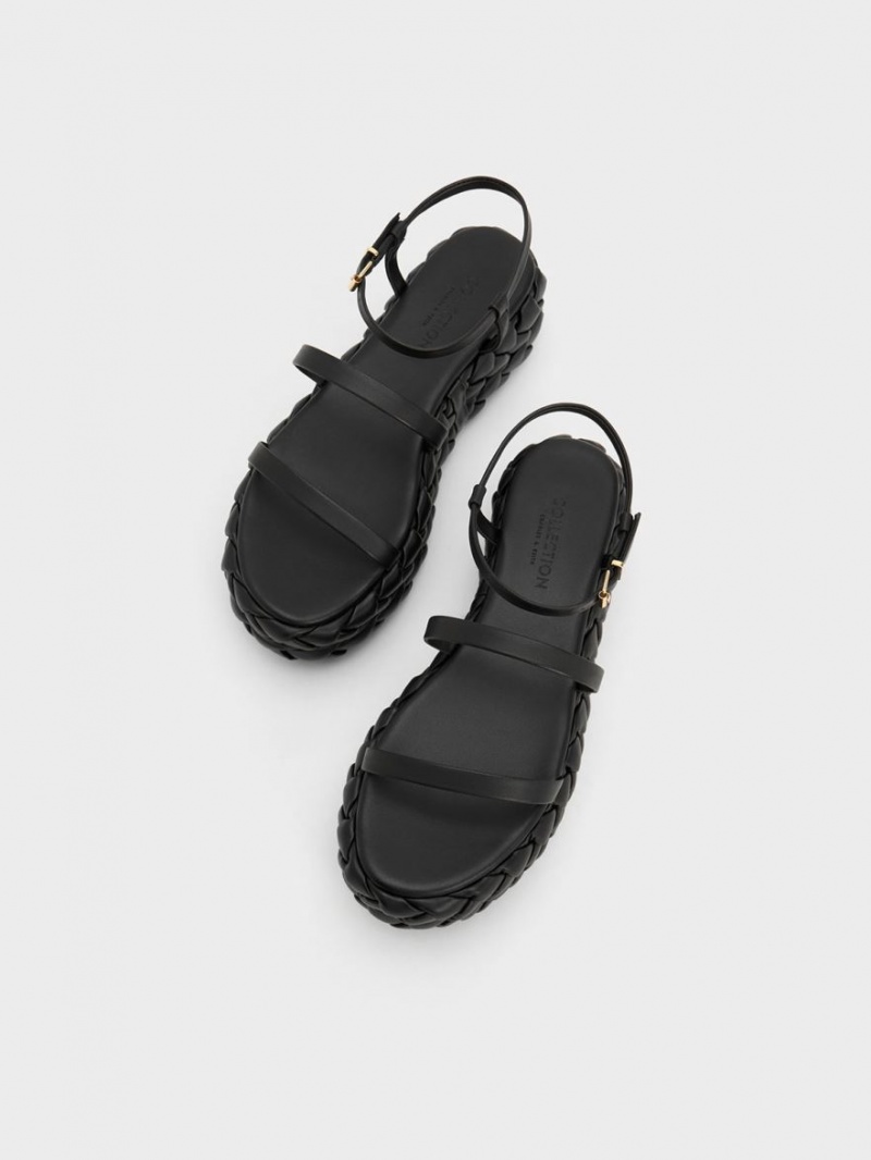 Charles & Keith Tali Leder Braided Plateausandalen Schwarz | 015XZUEFY