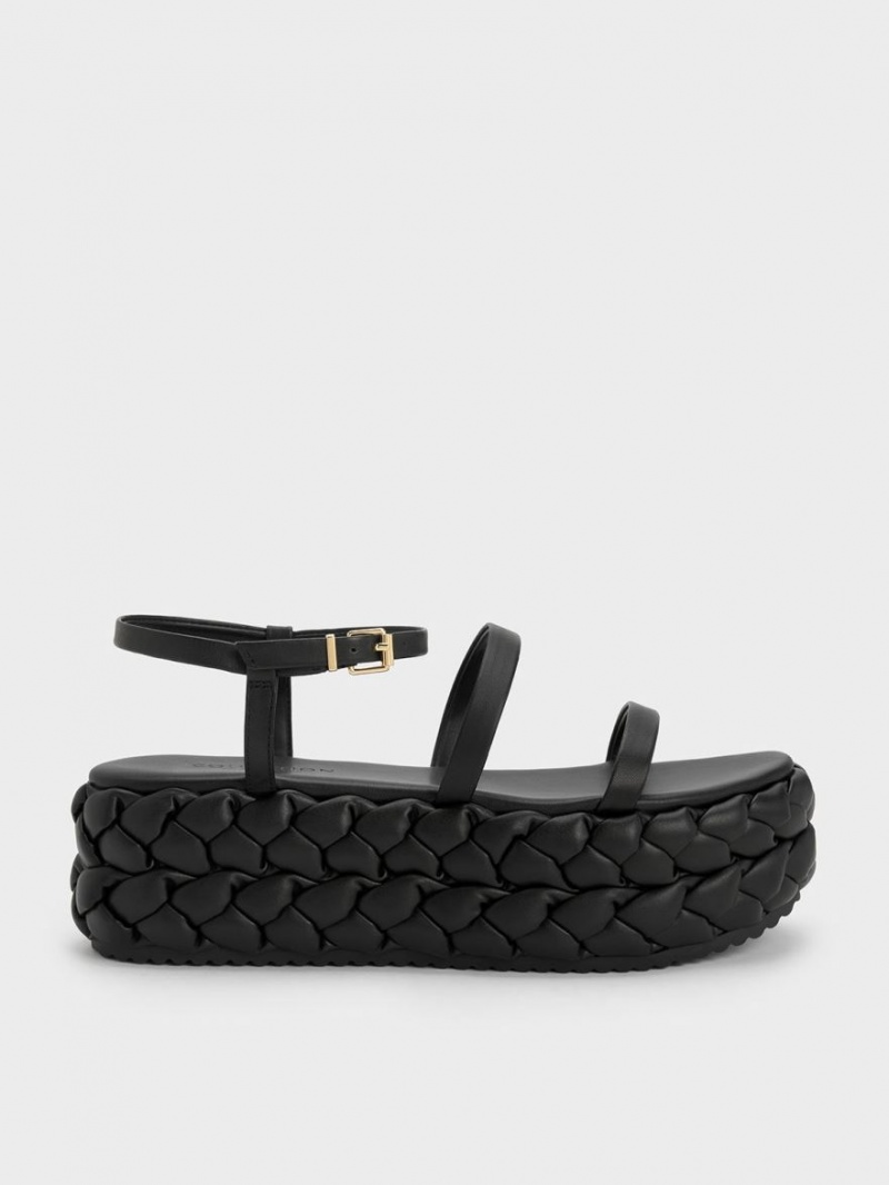 Charles & Keith Tali Leder Braided Plateausandalen Schwarz | 015XZUEFY