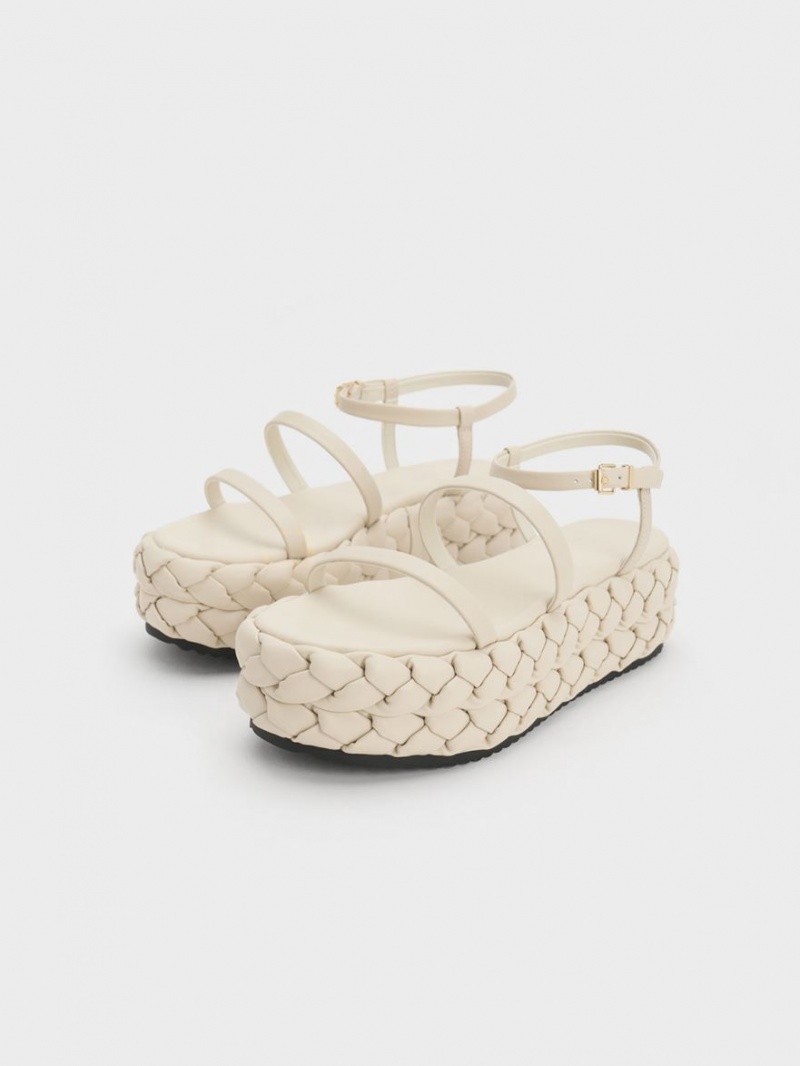 Charles & Keith Tali Leder Braided Plateausandalen Weiß | 475ADCMIL