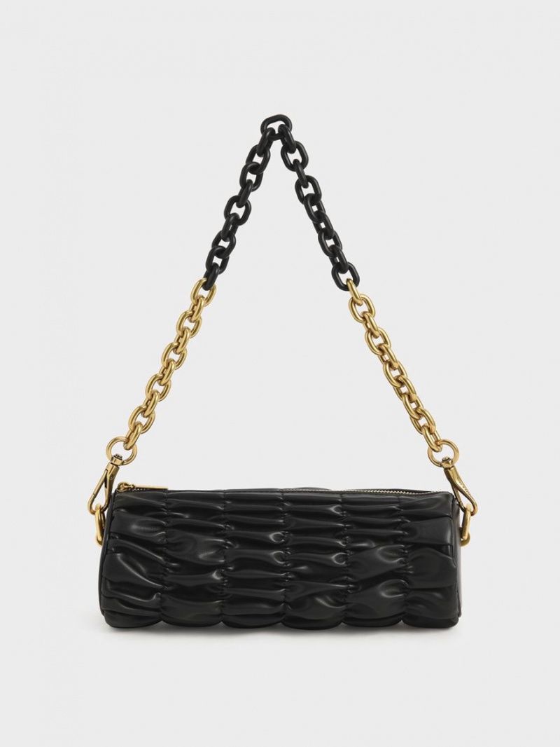 Charles & Keith Tallulah Ruched Chain-Handle Schultertaschen Schwarz | 836BJOPFN