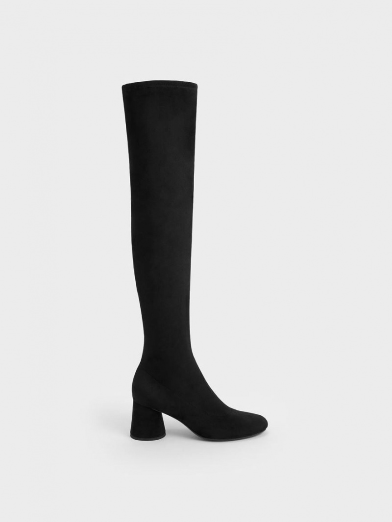 Charles & Keith Textured Cylindrical Heel Thigh Hohe Stiefel Schwarz | 057ZIYNQE