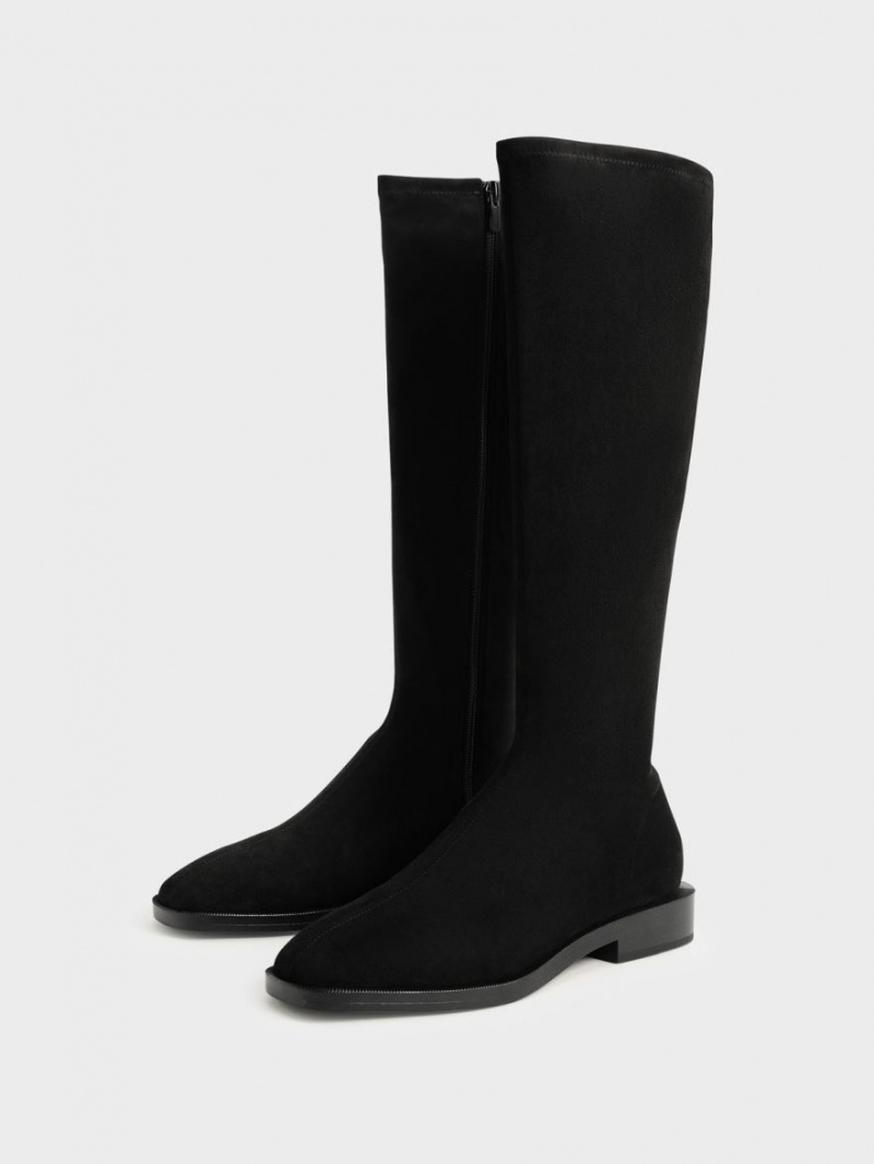 Charles & Keith Textured Flache Kniehohe Stiefel Schwarz | 816UKJVWM