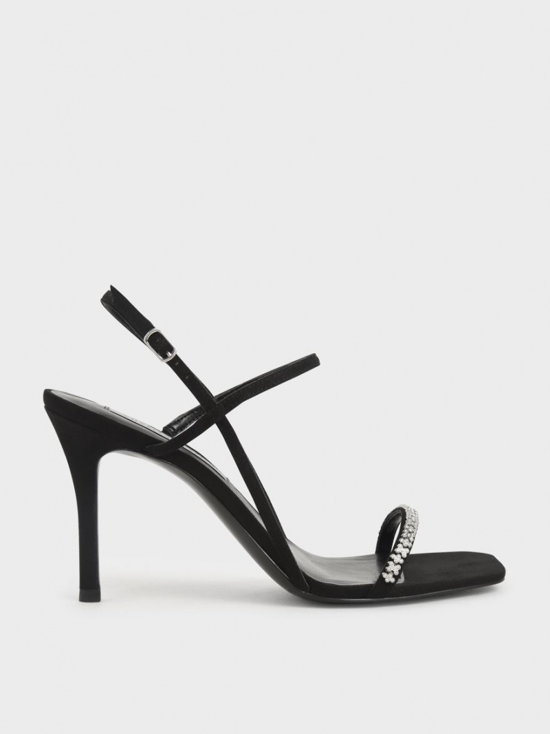 Charles & Keith Textured Gem-Embellished Riemchensandalen Schwarz | 748CDRSEH