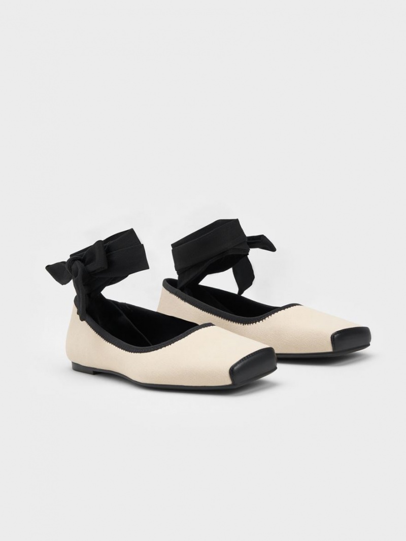 Charles & Keith Tie-Around Canvas Ballerinas Beige | 681PEWQNZ