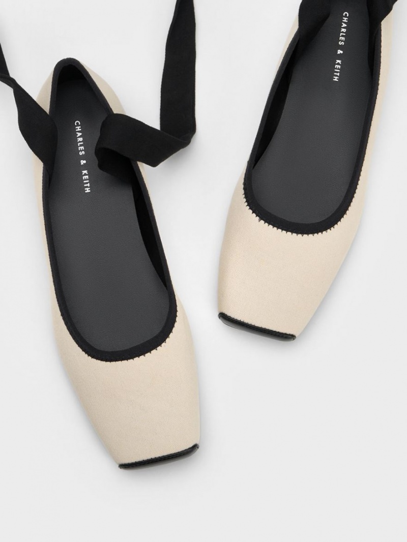 Charles & Keith Tie-Around Canvas Ballerinas Beige | 681PEWQNZ