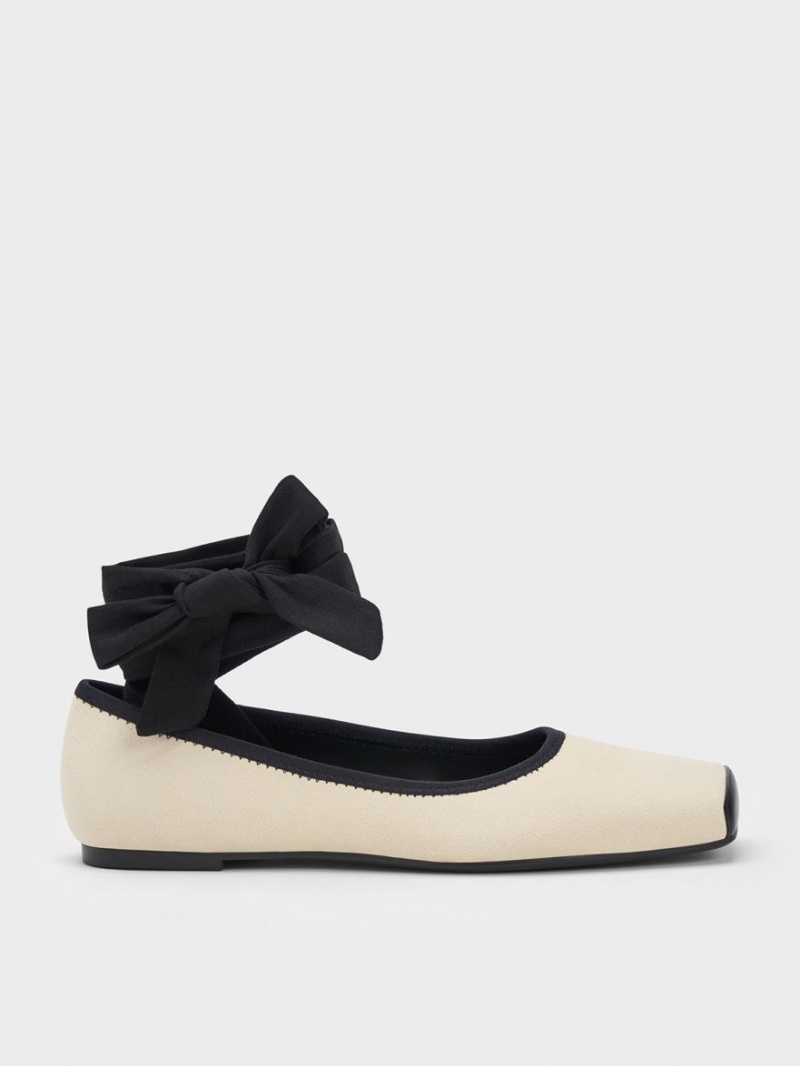 Charles & Keith Tie-Around Canvas Ballerinas Beige | 681PEWQNZ