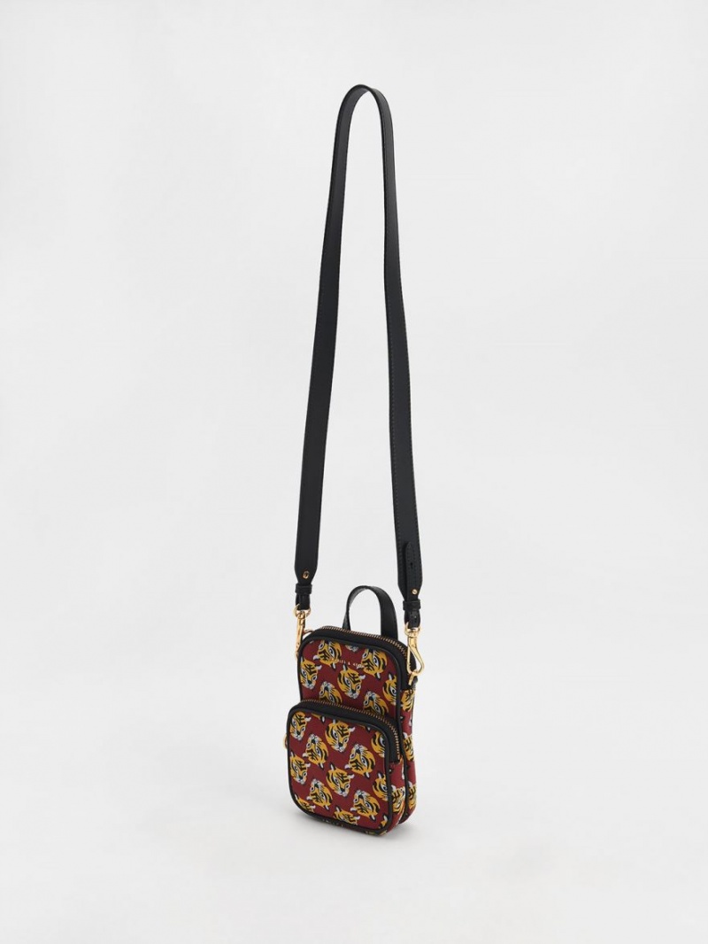 Charles & Keith Tiger Print Jacquard Long Crossbody Taschen Rot | 651SLJQVK