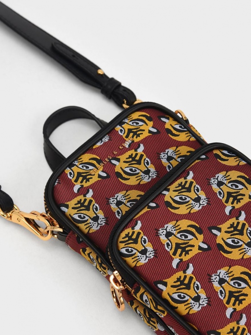 Charles & Keith Tiger Print Jacquard Long Crossbody Taschen Rot | 651SLJQVK