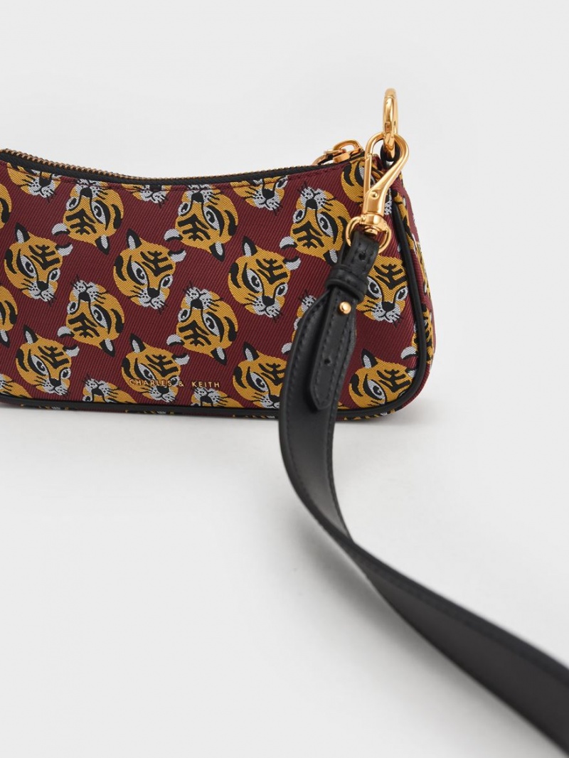 Charles & Keith Tiger Print Jacquard Schultertaschen Rot | 095LQJNGR