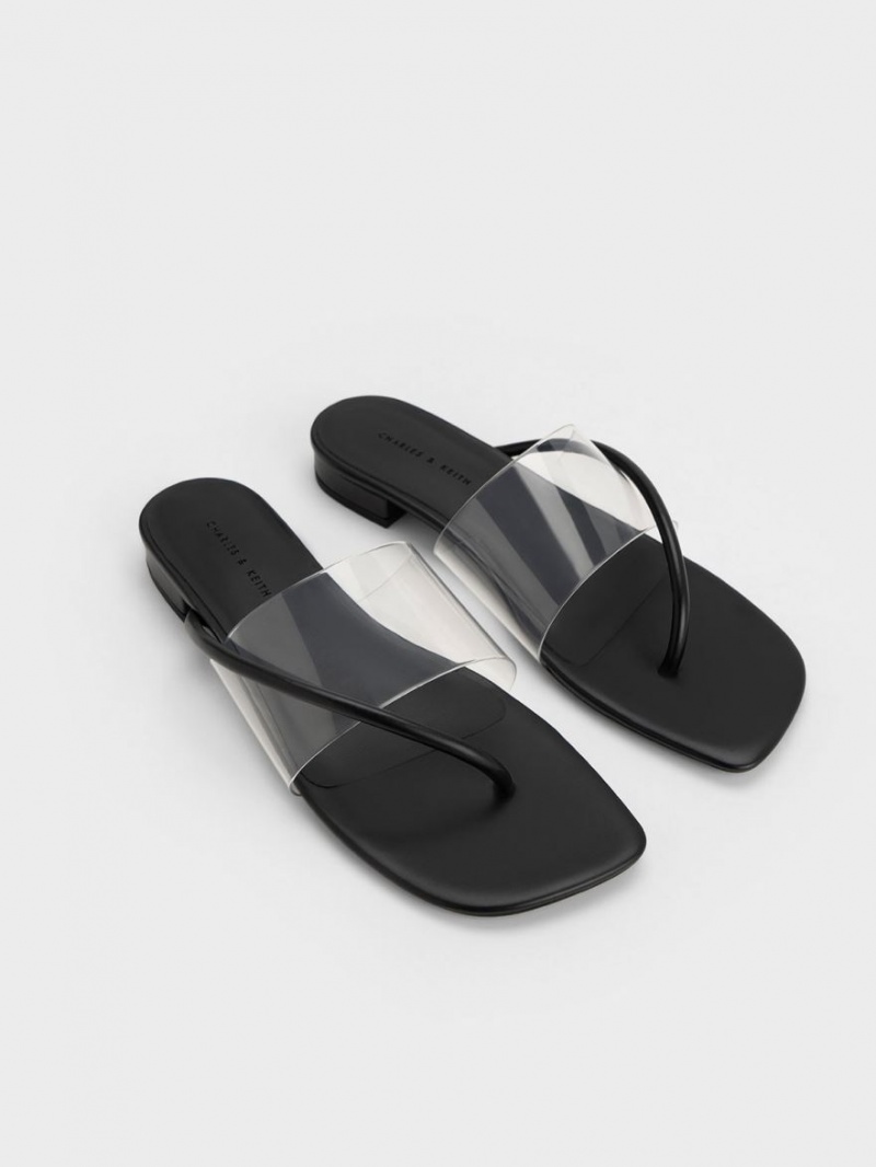 Charles & Keith Transparent Tanga Sandalen Flach Schwarz | 542PHBFZE