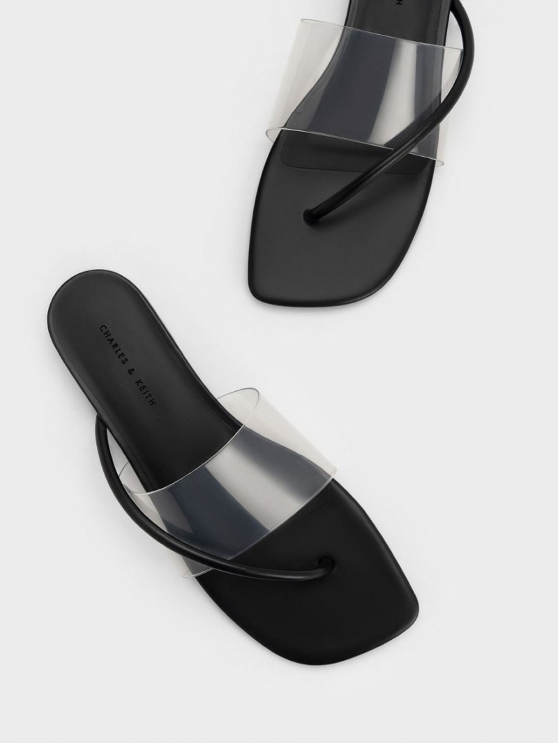 Charles & Keith Transparent Tanga Sandalen Flach Schwarz | 542PHBFZE