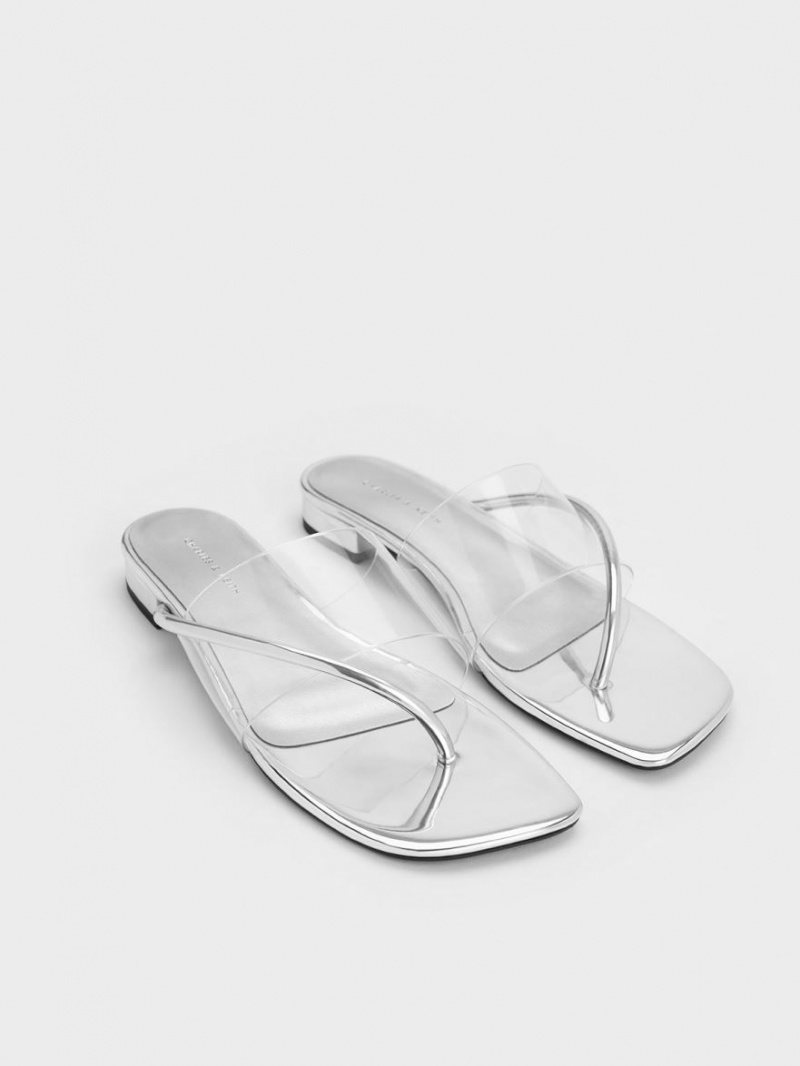 Charles & Keith Transparent Tanga Sandalen Flach Silber | 843JDEXIV