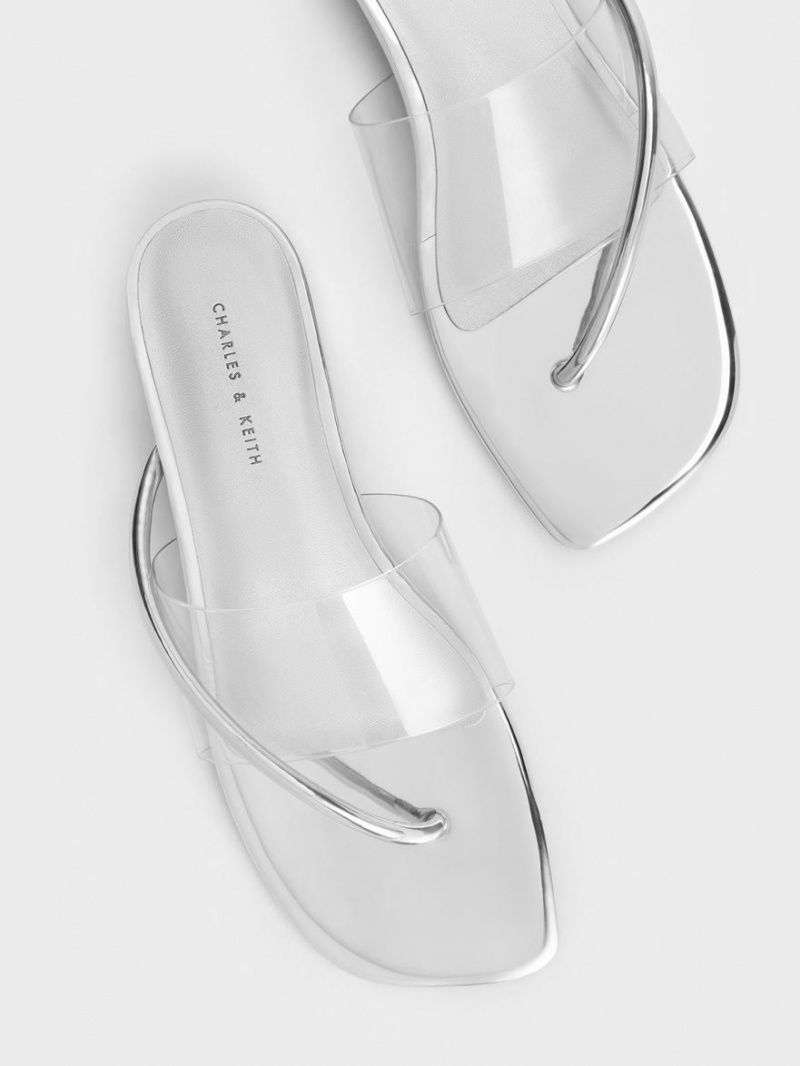 Charles & Keith Transparent Tanga Sandalen Flach Silber | 843JDEXIV