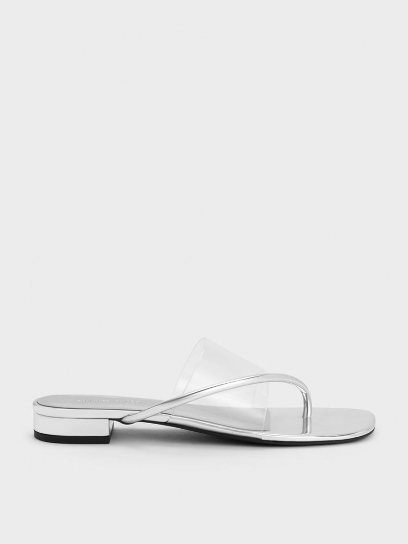 Charles & Keith Transparent Tanga Sandalen Flach Silber | 843JDEXIV